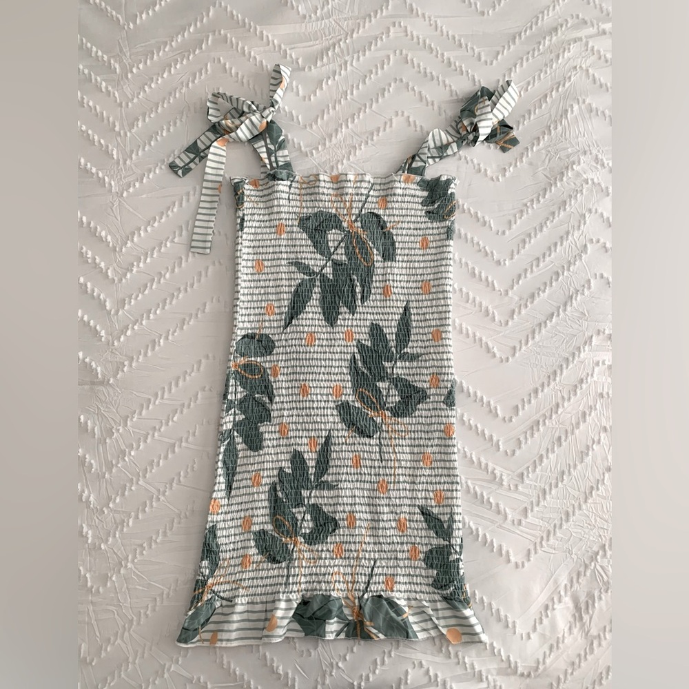 Leaf Print Smocked Dress with Bow Straps